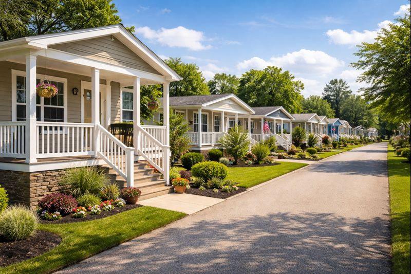 Landscaped manufactured housing community with residential homes and internal roads
