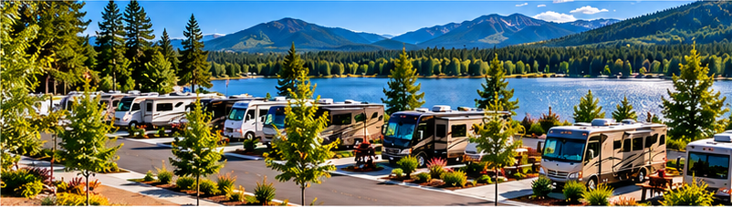 Scenic RV resort with recreational vehicles in a landscaped outdoor hospitality setting