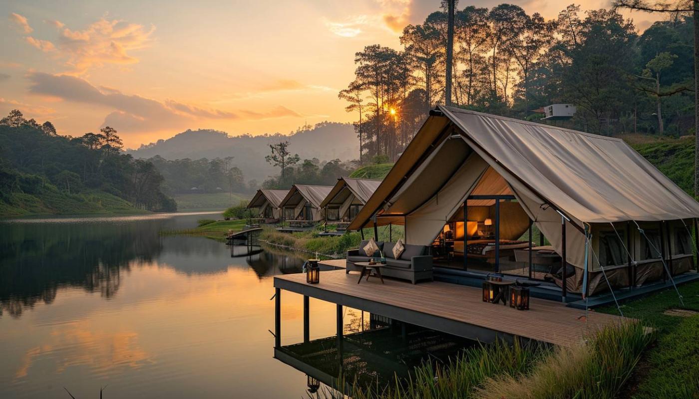 Lakeside glamping accommodations with warm lighting in a natural wooded setting